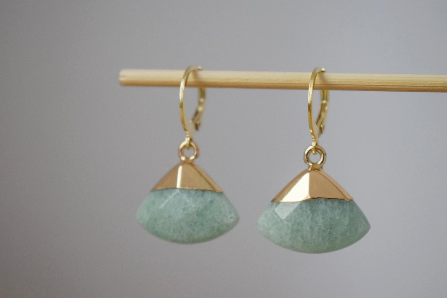 Gold plated huggie earrings with aventurine pendant, Dangle stone earrings, Green triangle drop earrings, Fan earrings, Jewelry gift for her
