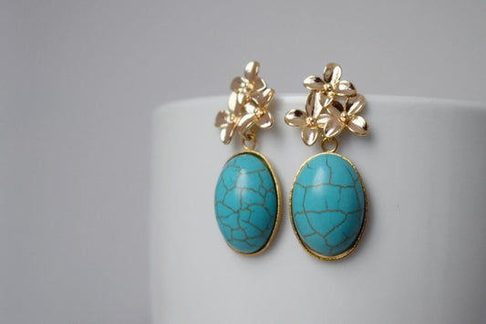 Turquoise earrings with 18K gold plated flower stud earrings, Elegant dangle drop gemstone earrings, Art deco jewelry for women, Unique gift