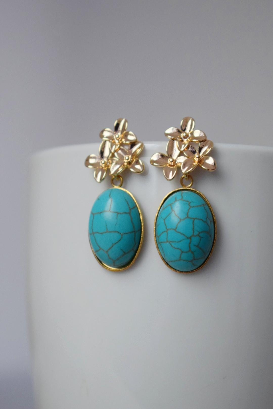 Turquoise earrings with 18K gold plated flower stud earrings, Elegant dangle drop gemstone earrings, Art deco jewelry for women, Unique gift