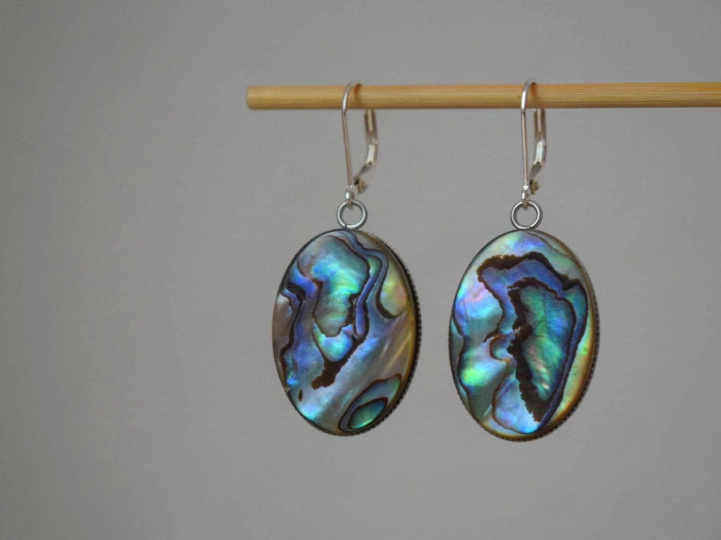Abalone dangle earrings, Sterling silver huggie hoops, Paua shell, Long statement oval earrings, Colorful jewelry, Mother's day gift
