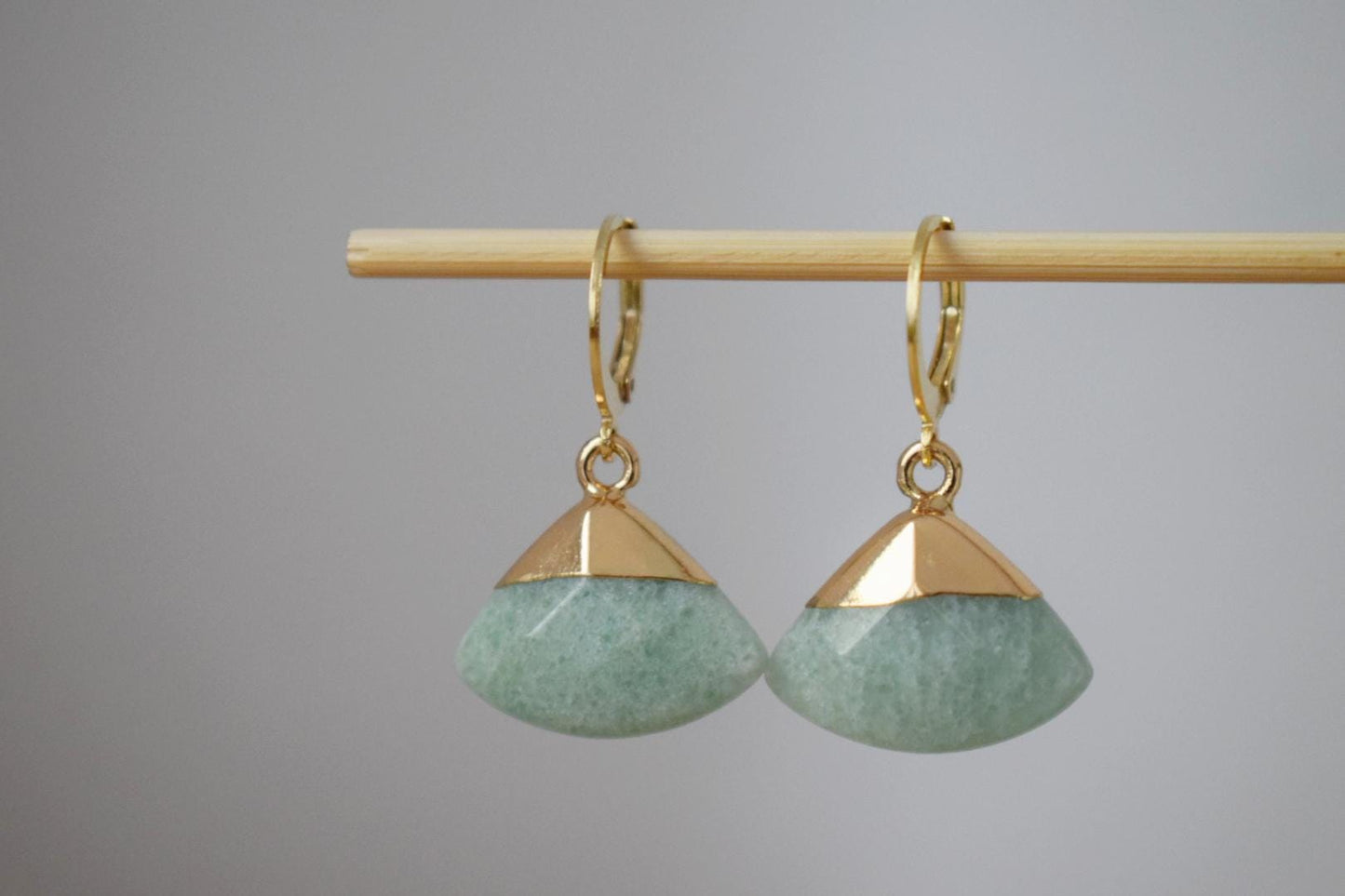 Gold plated huggie earrings with aventurine pendant, Dangle stone earrings, Green triangle drop earrings, Fan earrings, Jewelry gift for her