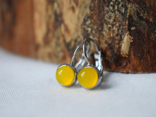 Yellow agate earrings, 10mm Gemstone dangle earrings, Small earrings, Leverback stainless steel earrings, Handmade jewelry gift