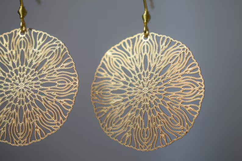 Ornament earrings for women, Mandala gold earrings, Stainless steel earrings, Boho filigree gold earrings, Mandala jewelry, Gift for her