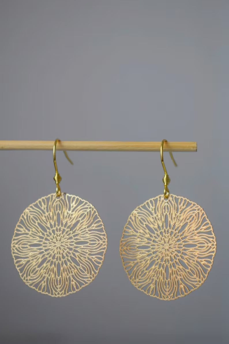 Ornament earrings for women, Mandala gold earrings, Stainless steel earrings, Boho filigree gold earrings, Mandala jewelry, Gift for her