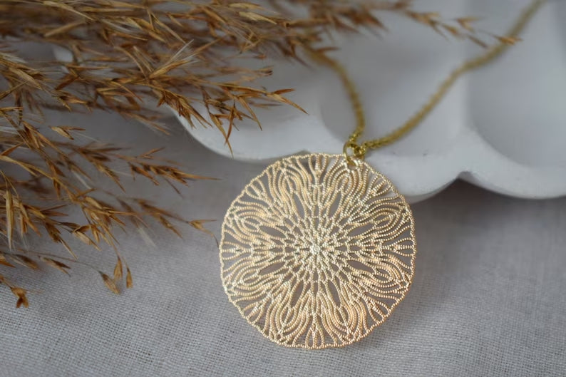 Ornament earrings for women, Mandala gold earrings, Stainless steel earrings, Boho filigree gold earrings, Mandala jewelry, Gift for her
