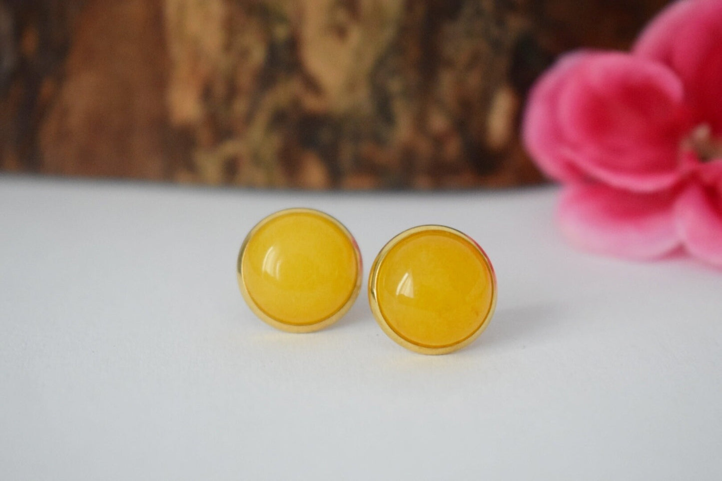 Yellow jade stud earrings, Jade gold earrings, Stainless steel, 12mm, Jade jewelry, Birthstone, Healing stone, Handmade jewelry gift for her