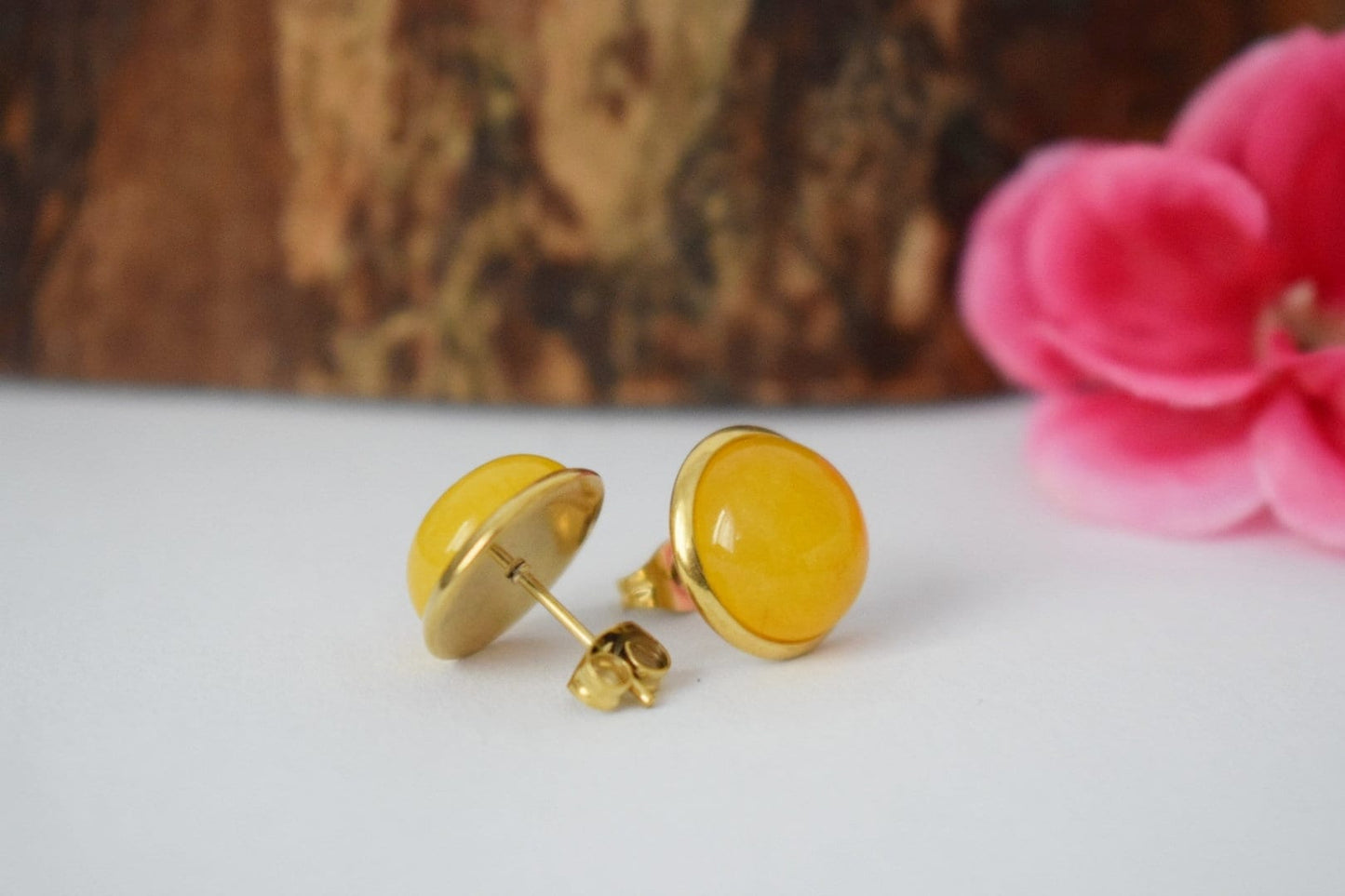 Yellow jade stud earrings, Jade gold earrings, Stainless steel, 12mm, Jade jewelry, Birthstone, Healing stone, Handmade jewelry gift for her