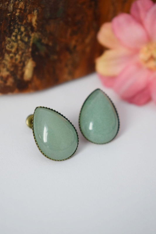 Teardrop Aventurine Stud Earrings, Green Gemstone, Antique Bronze, Vintage Birthstone Earrings, Gift for her