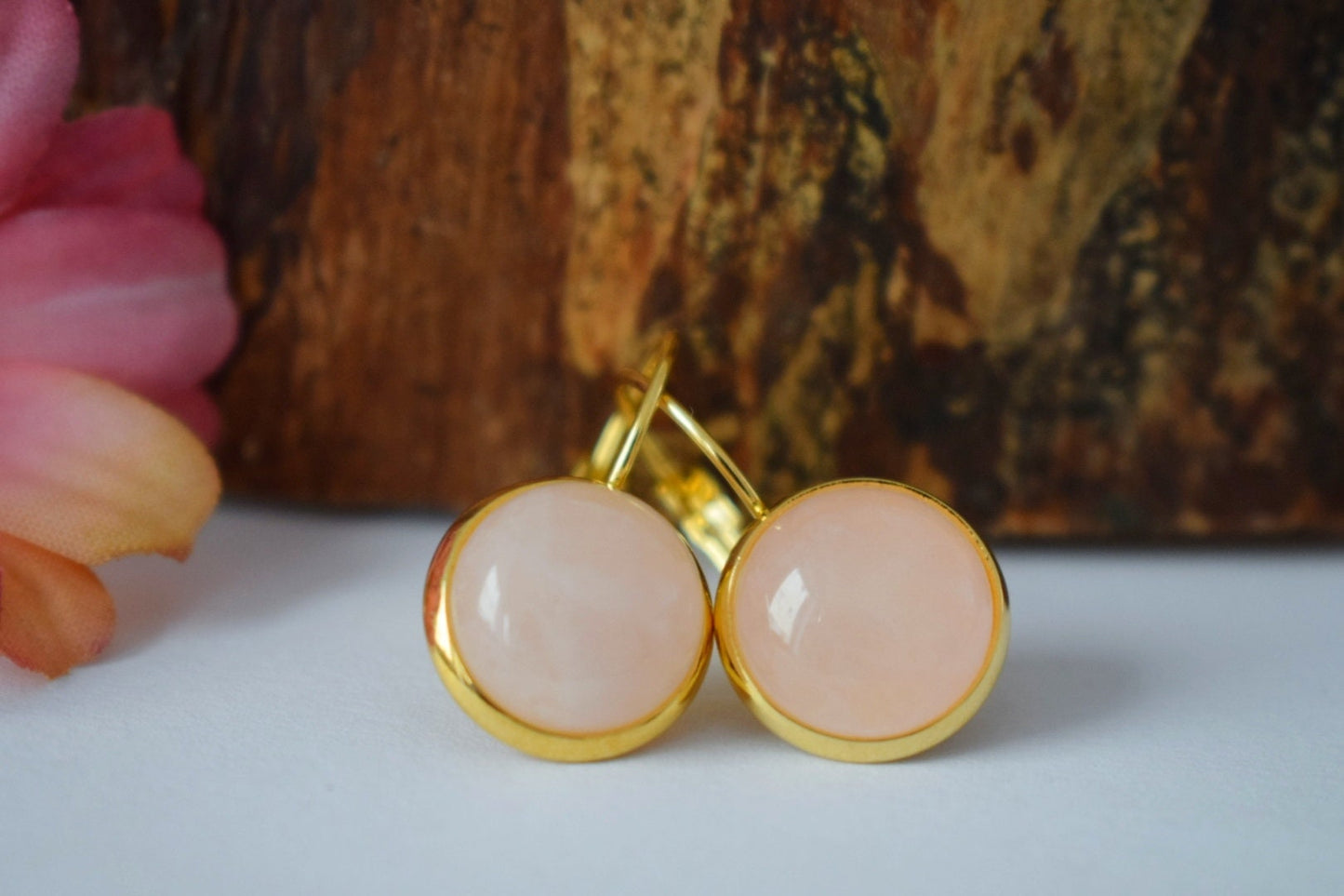 Rose quartz dangle earrings gold, Rose quartz hoop earrings, Gemstone, Pink, Natural stone, Round, Lever back, Jewelry gift for her
