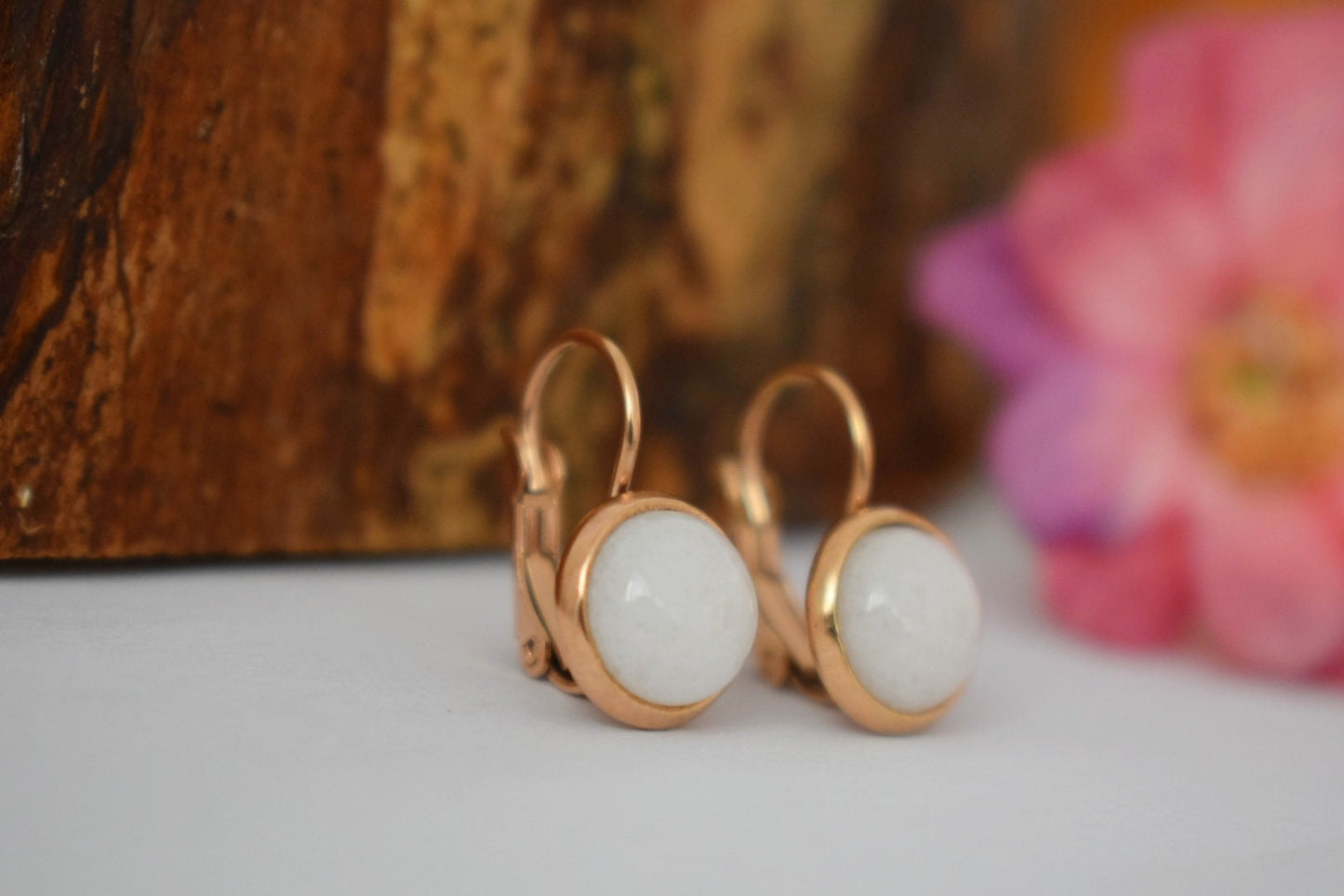 White jade earrings, Small rose gold gemstone hanging earrings, 10mm dangle earrings, Handmade jewelry gift for her