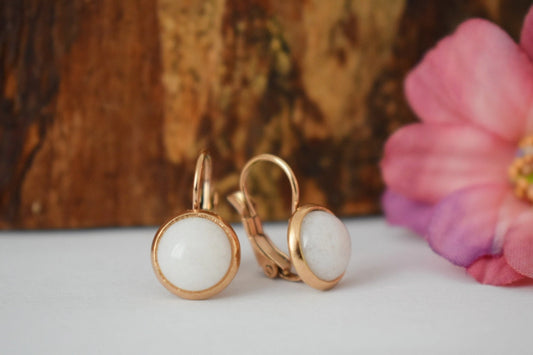 White jade earrings, Small rose gold gemstone hanging earrings, 10mm dangle earrings, Handmade jewelry gift for her