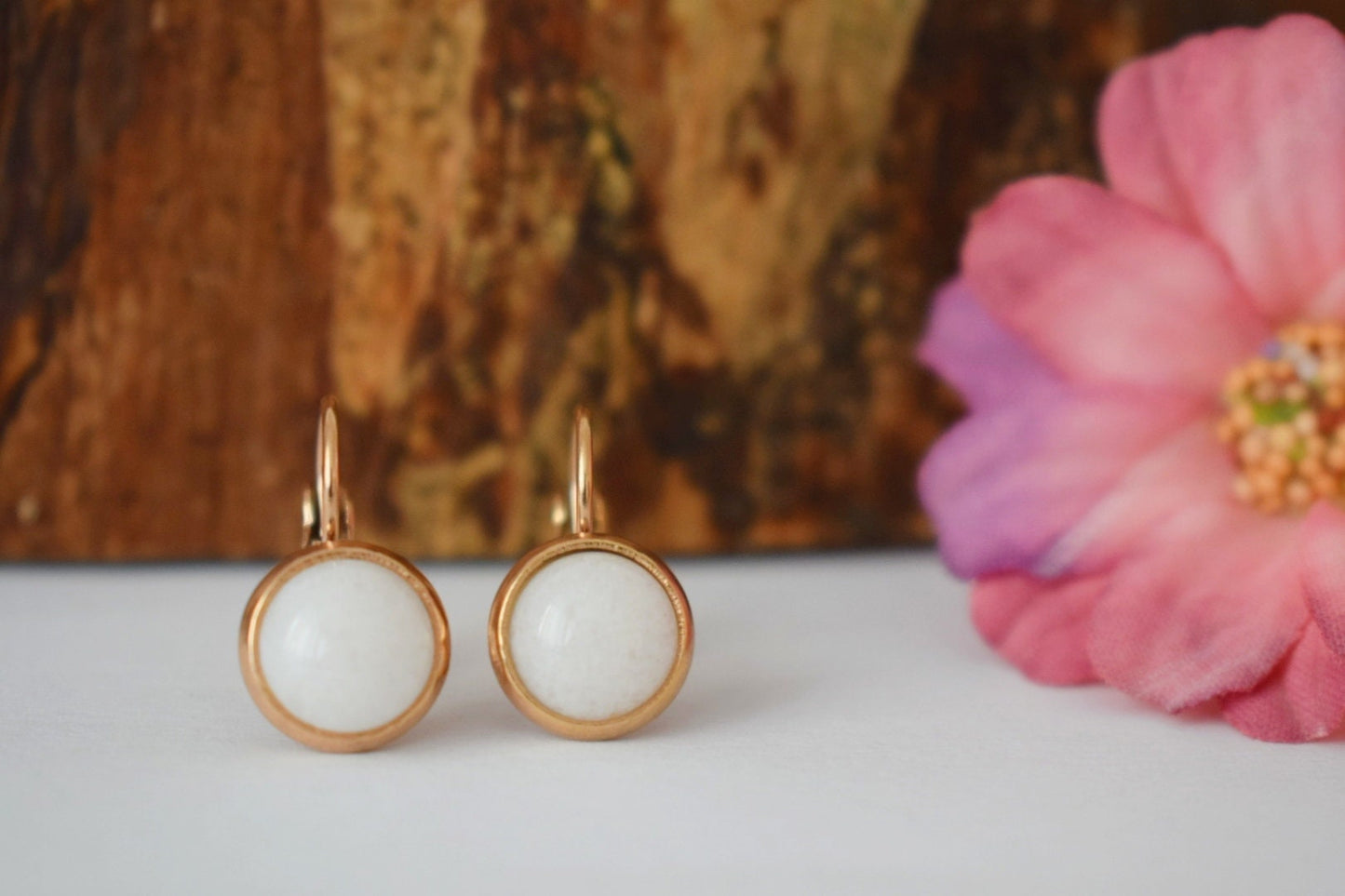White jade earrings, Small rose gold gemstone hanging earrings, 10mm dangle earrings, Handmade jewelry gift for her