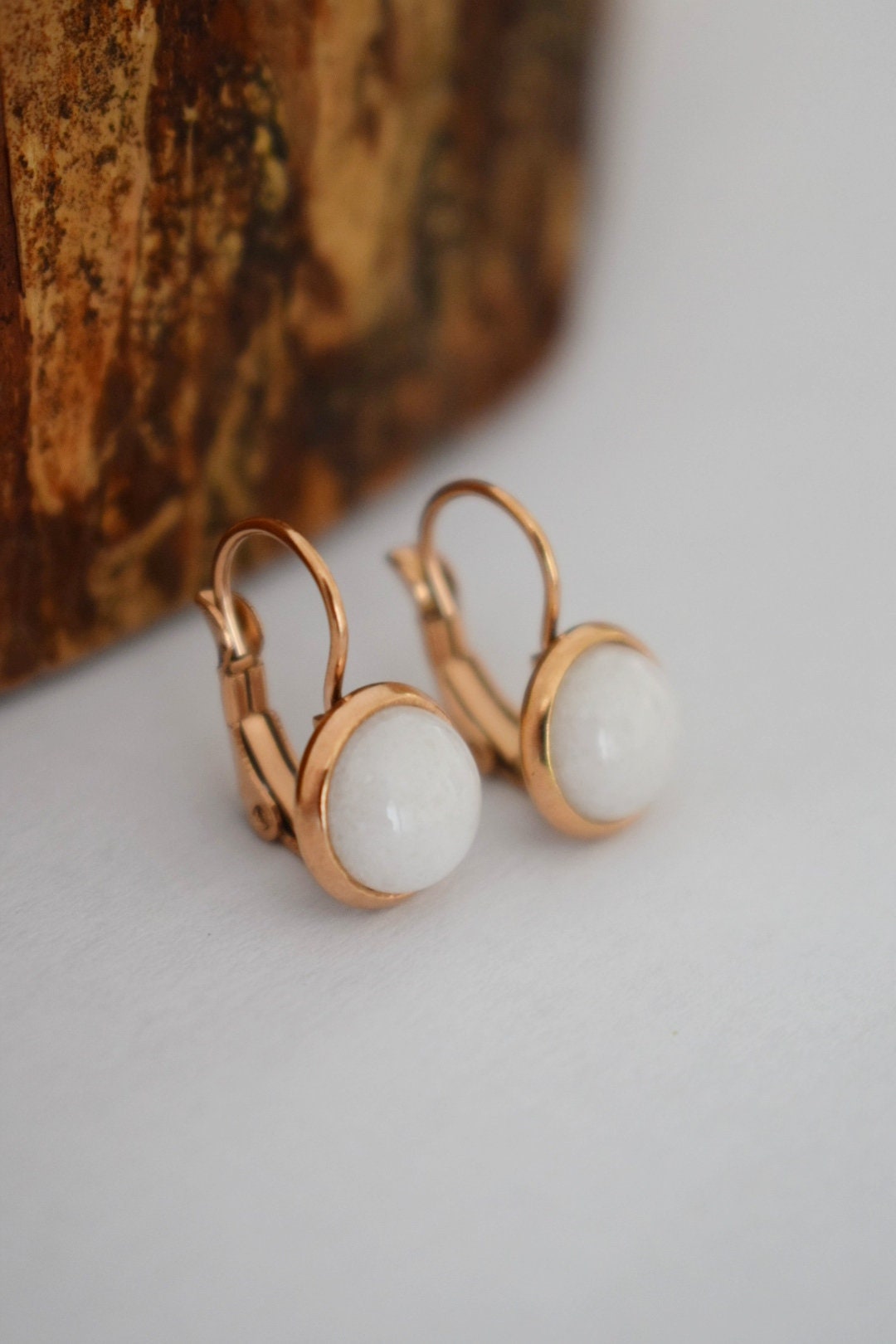 White jade earrings, Small rose gold gemstone hanging earrings, 10mm dangle earrings, Handmade jewelry gift for her
