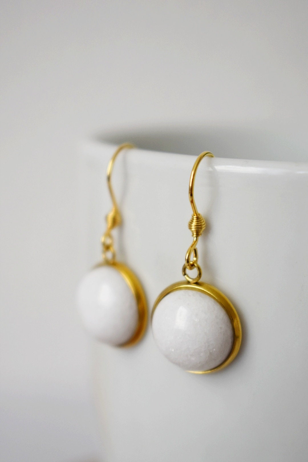 White jade dangle earrings 18k gold plated stainless steel pendant and earrings hooks, Best valentine's gift for her