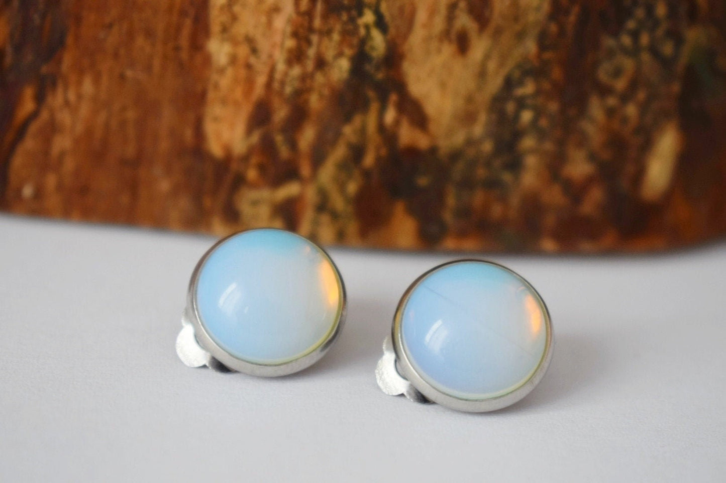 Ear clips, Moonstone earrings, Opalite, Woman clip on earrings, Gemstone clips, Girl, Stainless steel clip on earring, Bridesmaid, Gift