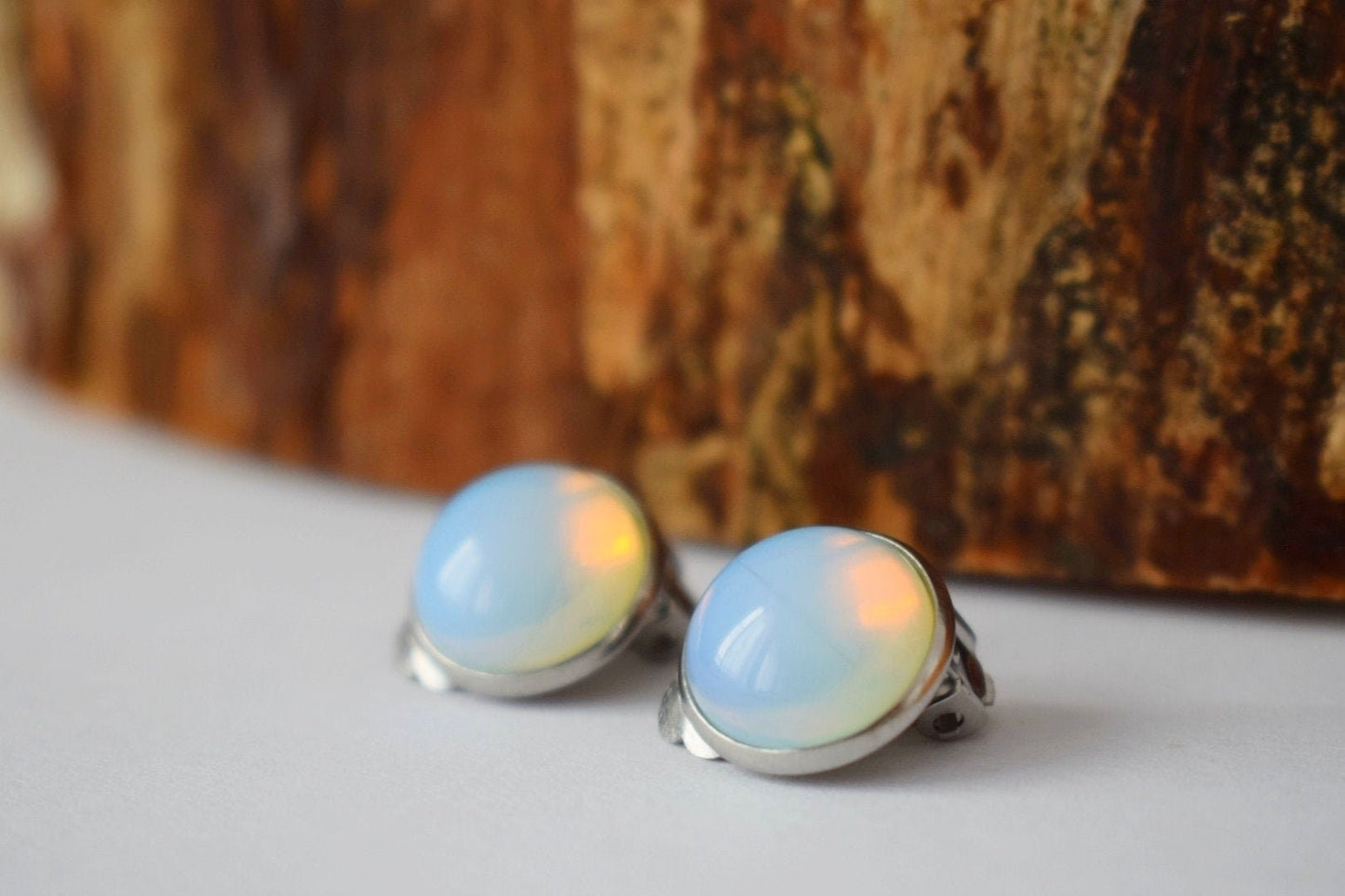 Ear clips, Moonstone earrings, Opalite, Woman clip on earrings, Gemstone clips, Girl, Stainless steel clip on earring, Bridesmaid, Gift