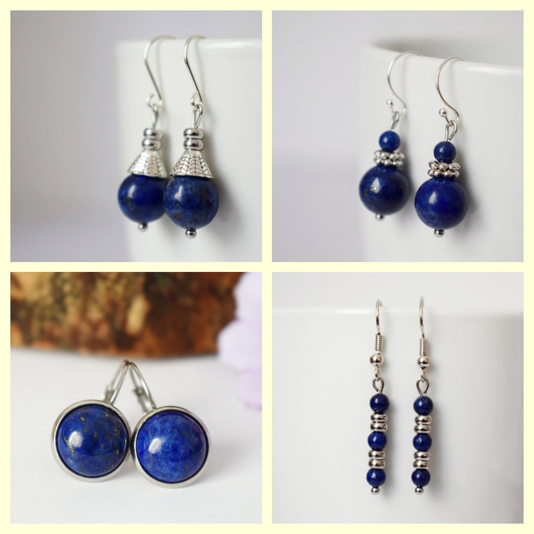 Earrings Lapis Lazuli Silver, Gemstone Blue Bead, Hoops, Lever Back, September Birthstone, Hanging ball stone earrings, Jewelry gift for her