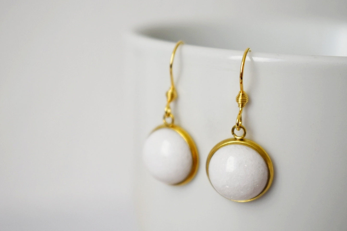 White jade dangle earrings 18k gold plated stainless steel pendant and earrings hooks, Best valentine's gift for her