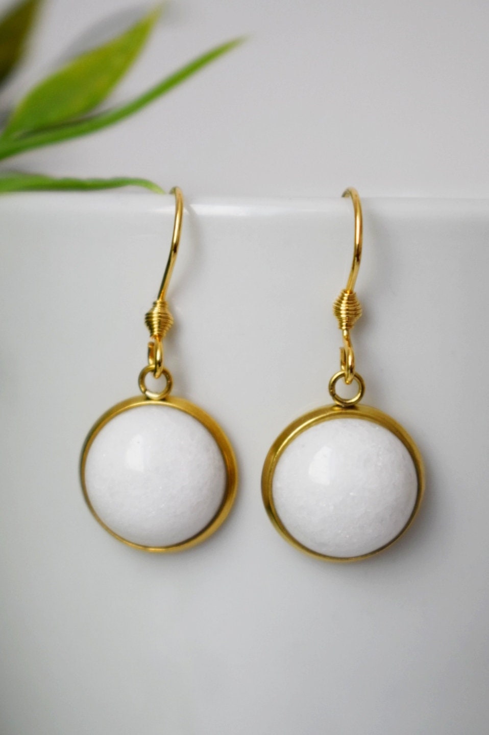 White jade dangle earrings 18k gold plated stainless steel pendant and earrings hooks, Best valentine's gift for her