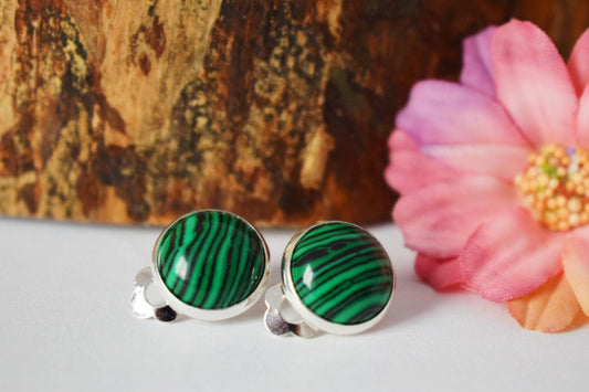 Malachite clip on earrings, Green gemstone, No hole earrings, Stone surgical ear clips for women, Non pierced earrings, Unisex jewelry gift