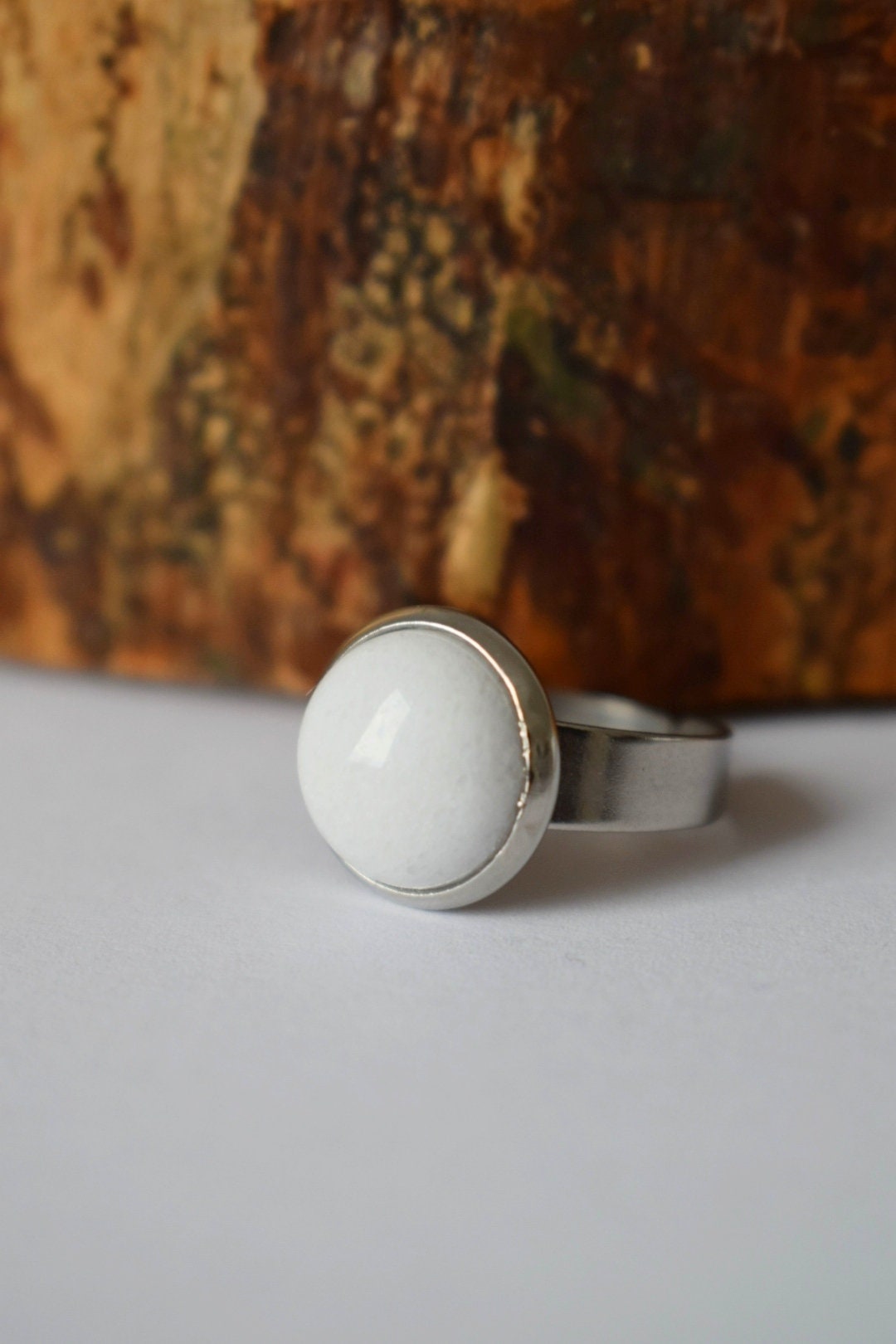 White jade gemstone ring, everyday white round ring, Adjustable ring stone, silver ring, jade jewelry, natural stone, birthday gift for her