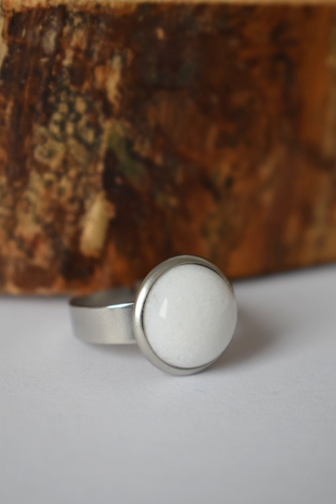 White jade gemstone ring, everyday white round ring, Adjustable ring stone, silver ring, jade jewelry, natural stone, birthday gift for her