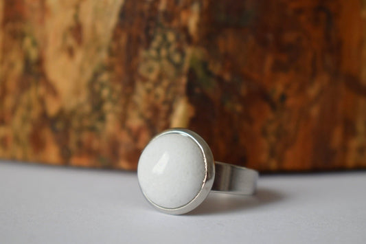 White jade gemstone ring, everyday white round ring, Adjustable ring stone, silver ring, jade jewelry, natural stone, birthday gift for her
