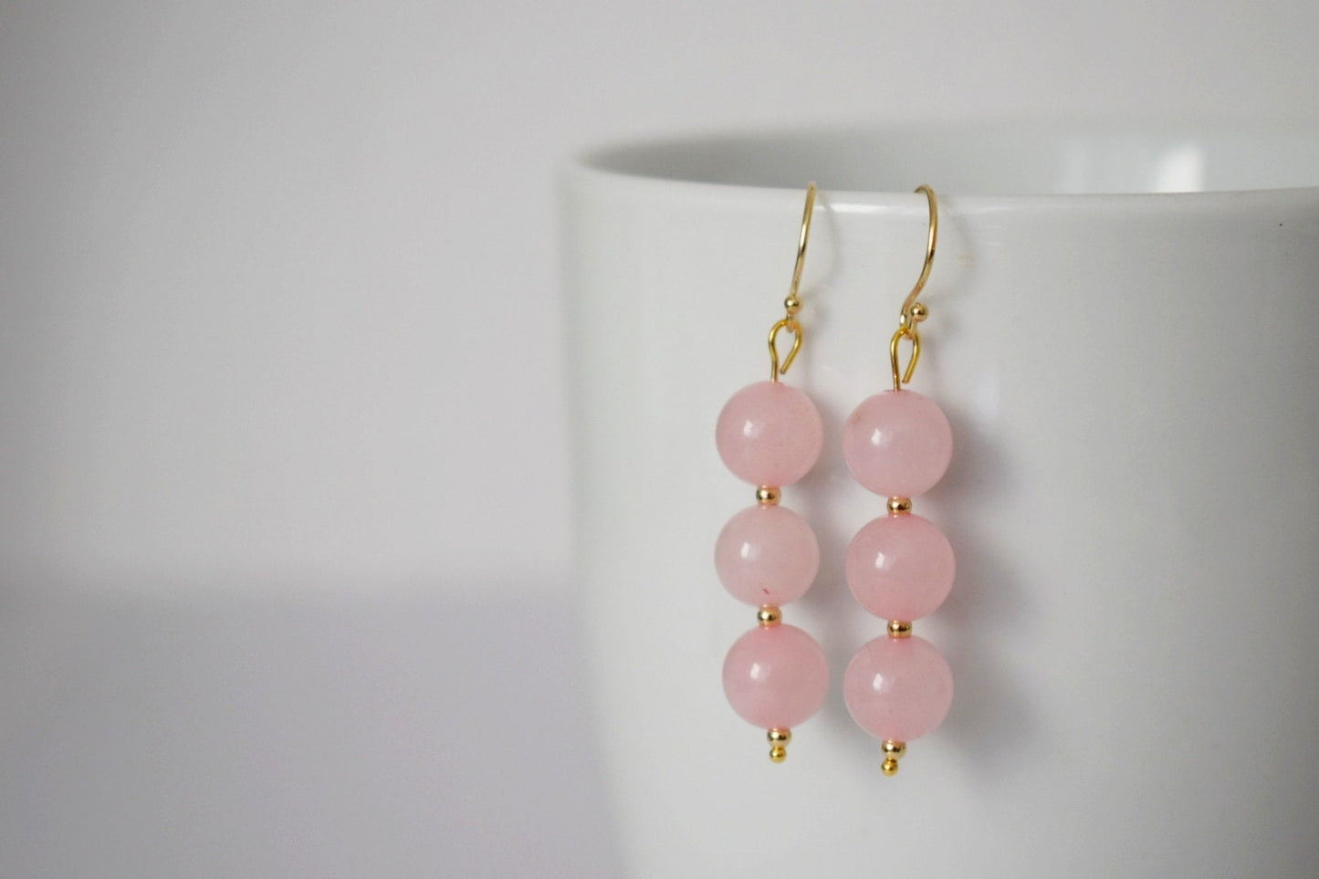 Rose quartz dangle earrings, Gemstone bridal earrings, 18k gold plated surgical stainless steel, Bridesmaid gift, Wedding Birthstone jewelry