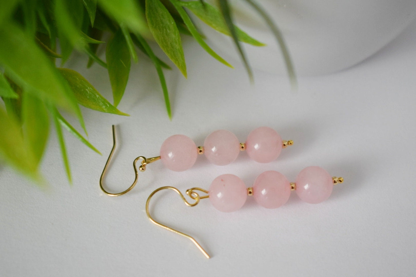 Rose quartz dangle earrings, Gemstone bridal earrings, 18k gold plated surgical stainless steel, Bridesmaid gift, Wedding Birthstone jewelry