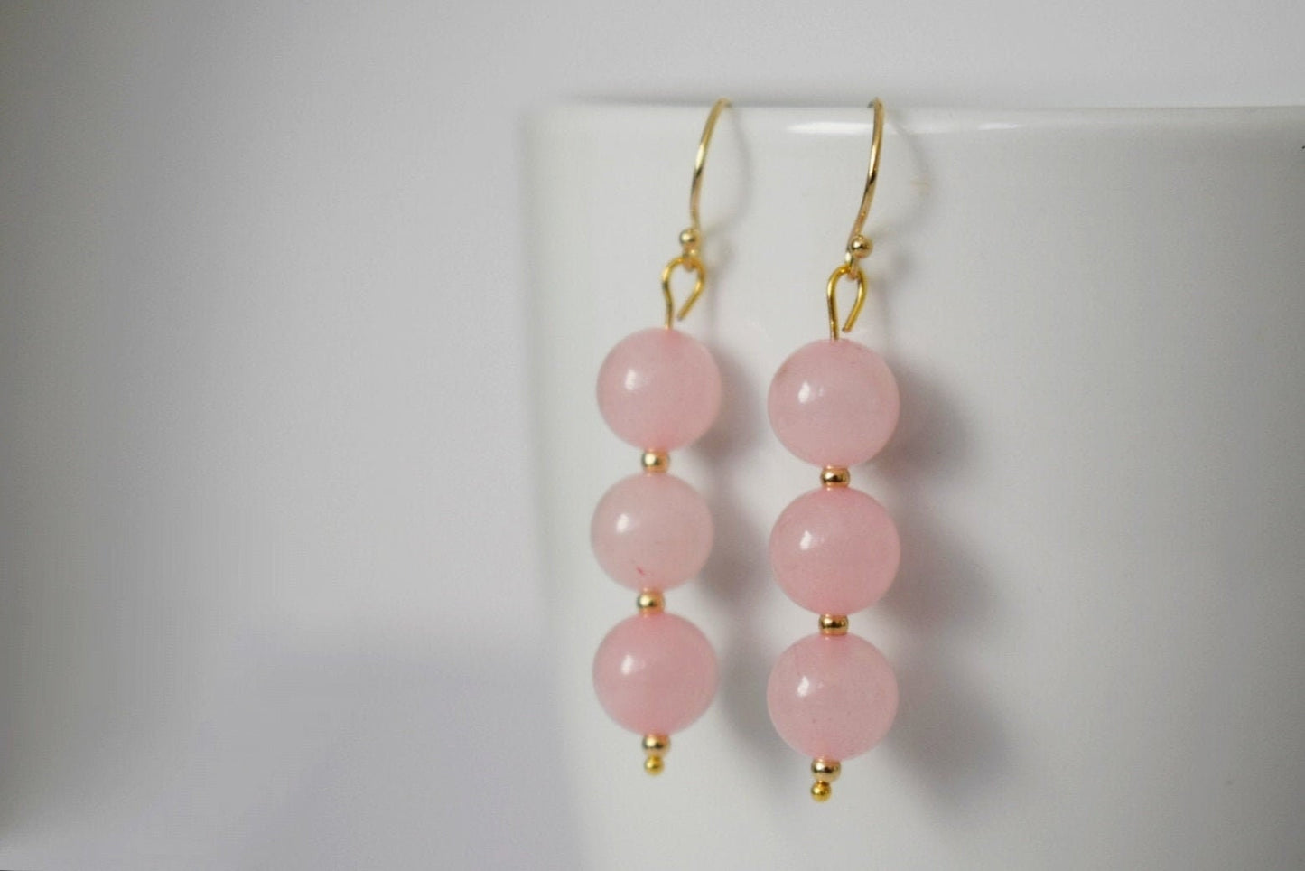 Rose quartz dangle earrings, Gemstone bridal earrings, 18k gold plated surgical stainless steel, Bridesmaid gift, Wedding Birthstone jewelry