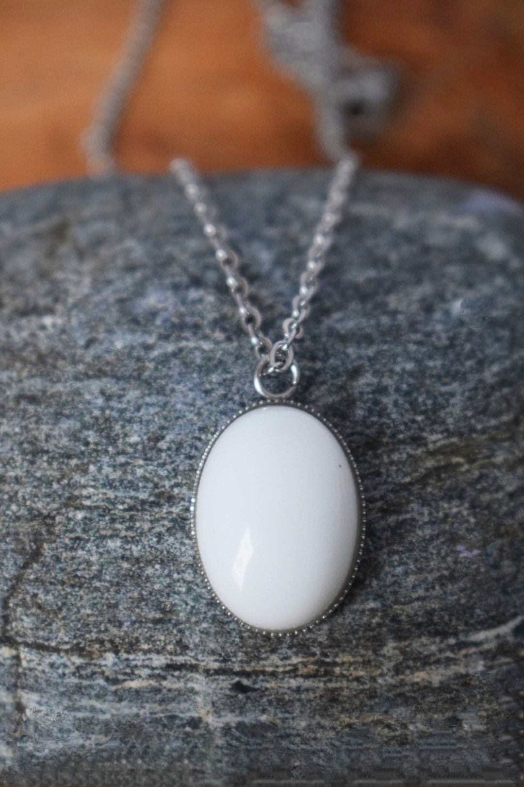 Oval white jade necklace for women, Statement necklace, Jade Jewelry gift for her wife, White jade pendant, Handmade gift for mom