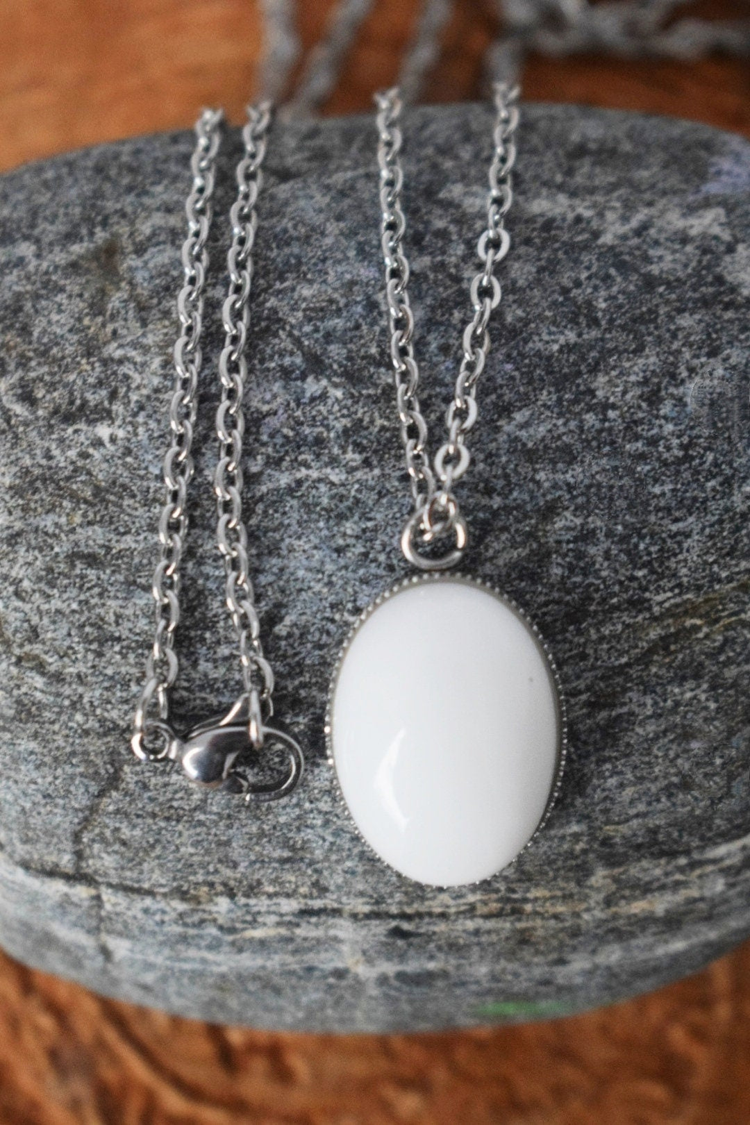 Oval white jade necklace for women, Statement necklace, Jade Jewelry gift for her wife, White jade pendant, Handmade gift for mom