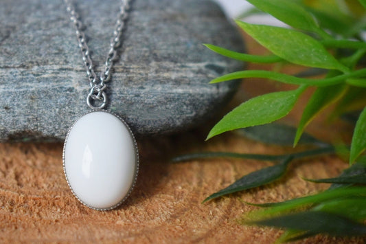 Oval white jade necklace for women, Statement necklace, Jade Jewelry gift for her wife, White jade pendant, Handmade gift for mom