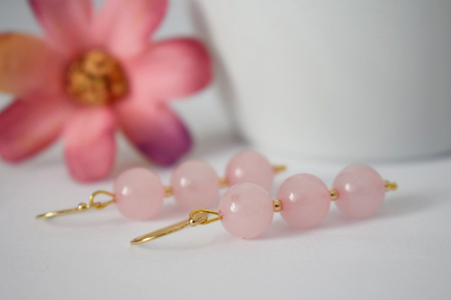 Rose quartz dangle earrings, Gemstone bridal earrings, 18k gold plated surgical stainless steel, Bridesmaid gift, Wedding Birthstone jewelry