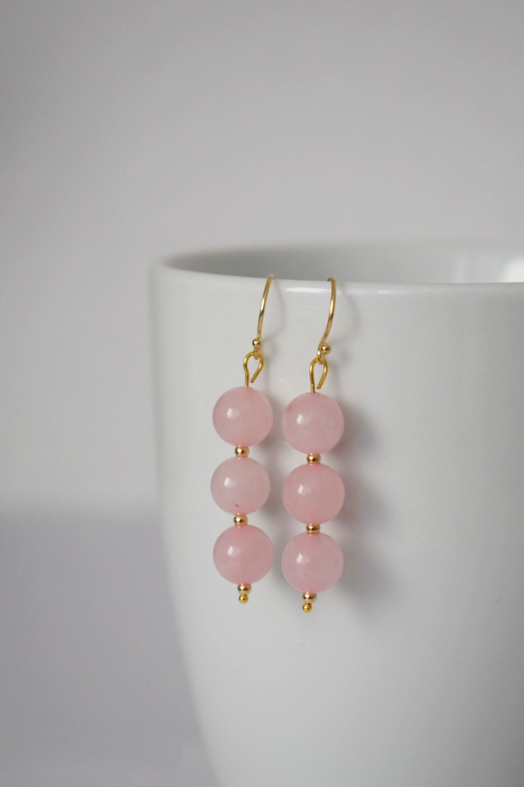 Rose quartz dangle earrings, Gemstone bridal earrings, 18k gold plated surgical stainless steel, Bridesmaid gift, Wedding Birthstone jewelry
