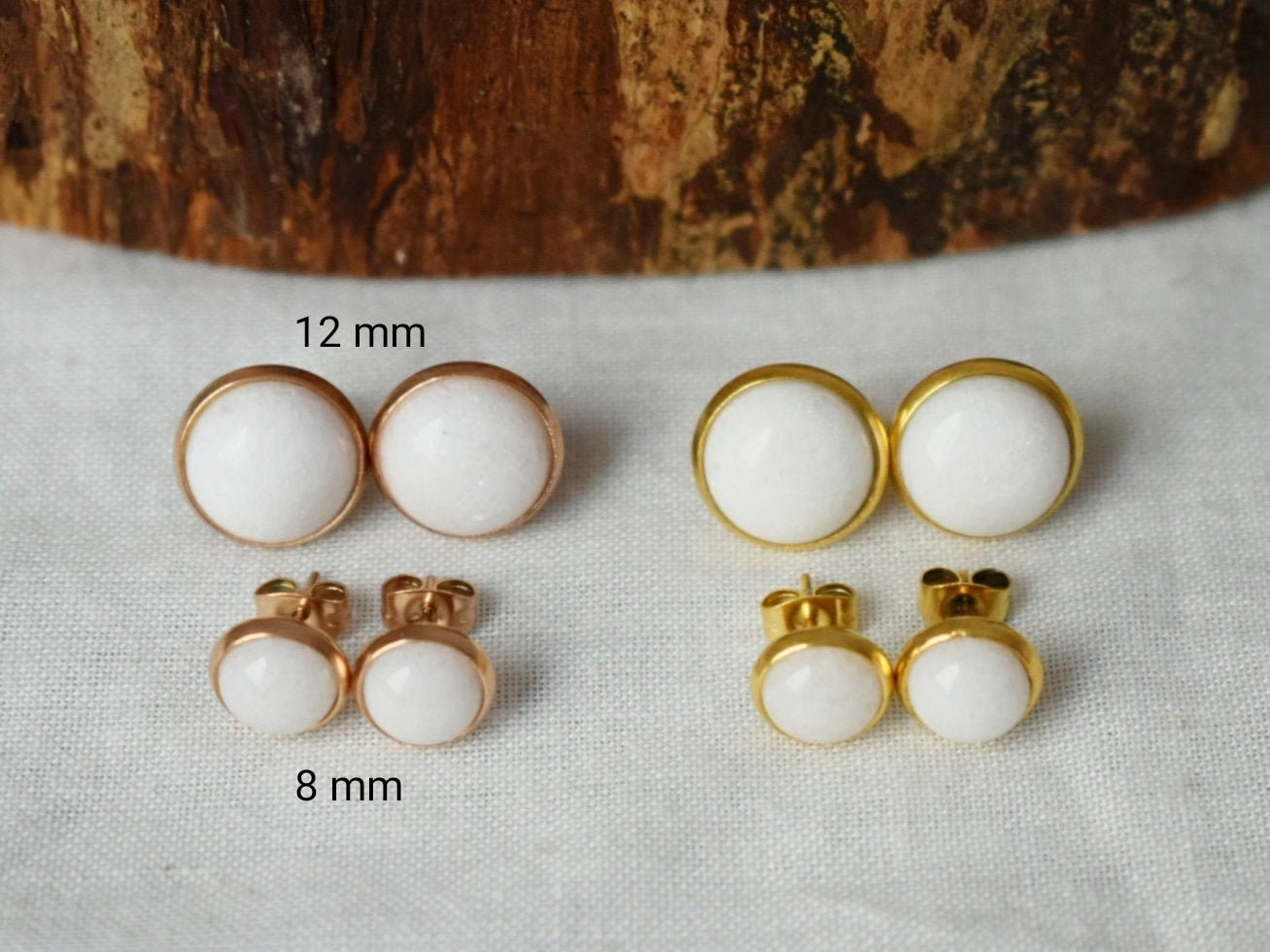 Mini Gemstone Stud Earrings, White jade studs, 6mm golden Push-back Earrings, Small round earrings, Minimalist jewelry, Mother's day gift