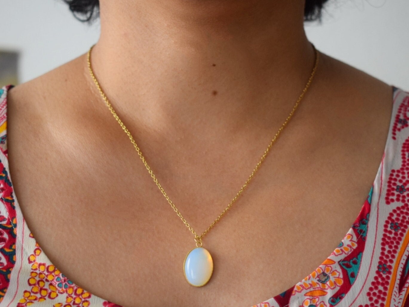Rainbow Opalite Necklace gold, Moonstone gemstone oval pendant for women, Bridesmaid Necklace, Handmade Jewellery, Mother's day gift
