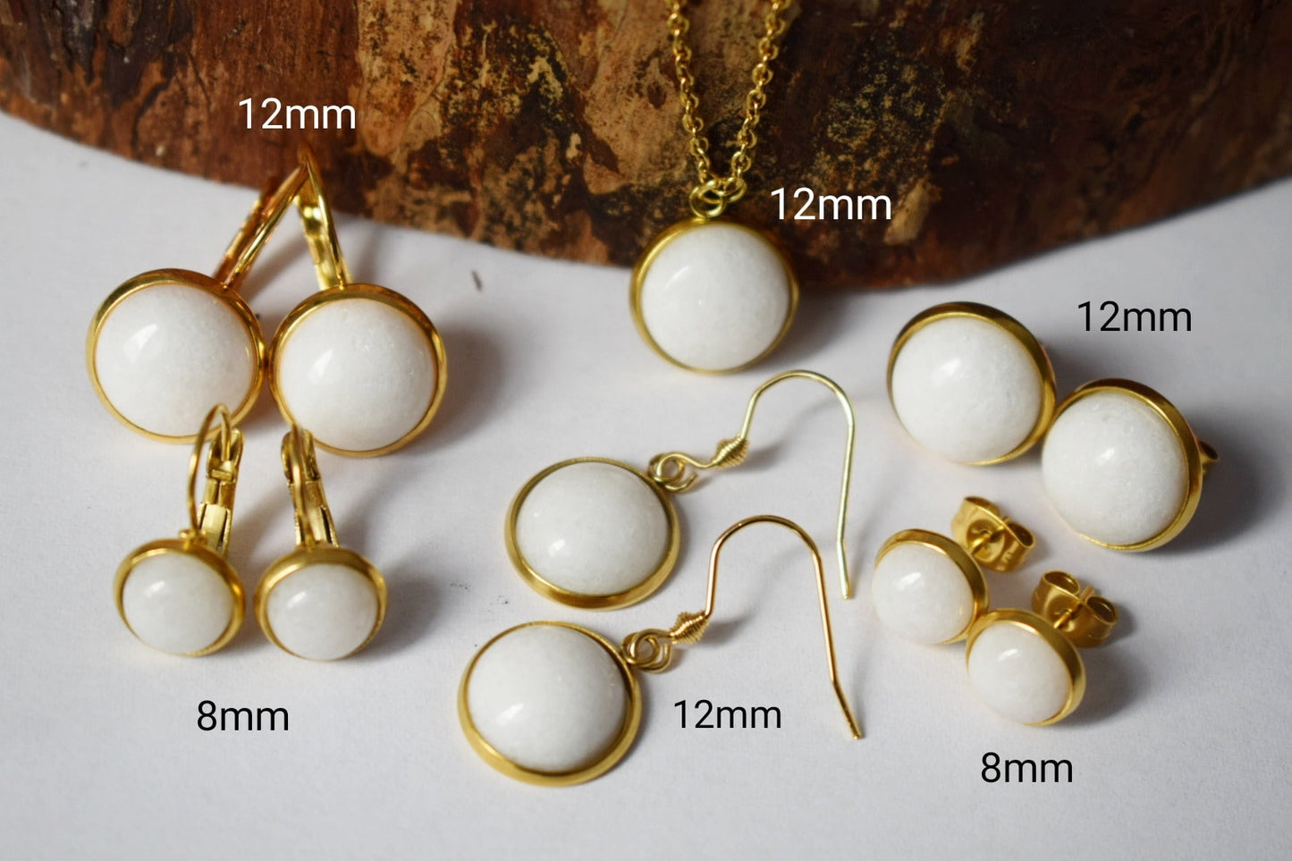 Mini Gemstone Stud Earrings, White jade studs, 6mm golden Push-back Earrings, Small round earrings, Minimalist jewelry, Mother's day gift