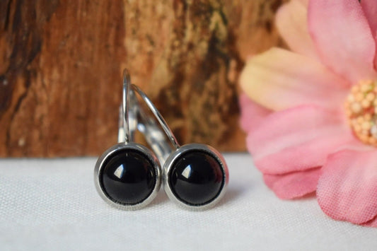 Black agate dangle earrings for women, Small gemstone earrings, Earrings 8mm, Lever back, Agate jewelry, Handmade jewelry gift for her