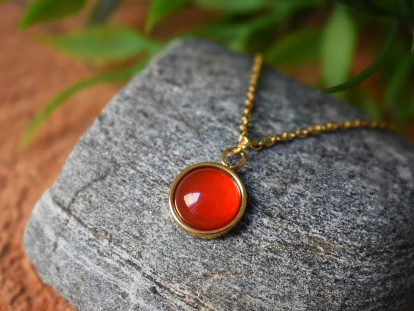 Red agate necklace for woman, Round gemstone pendant, 18k gold plated Stainless steel, Birthstone, Minimalist handmade jewelry, Gift for her