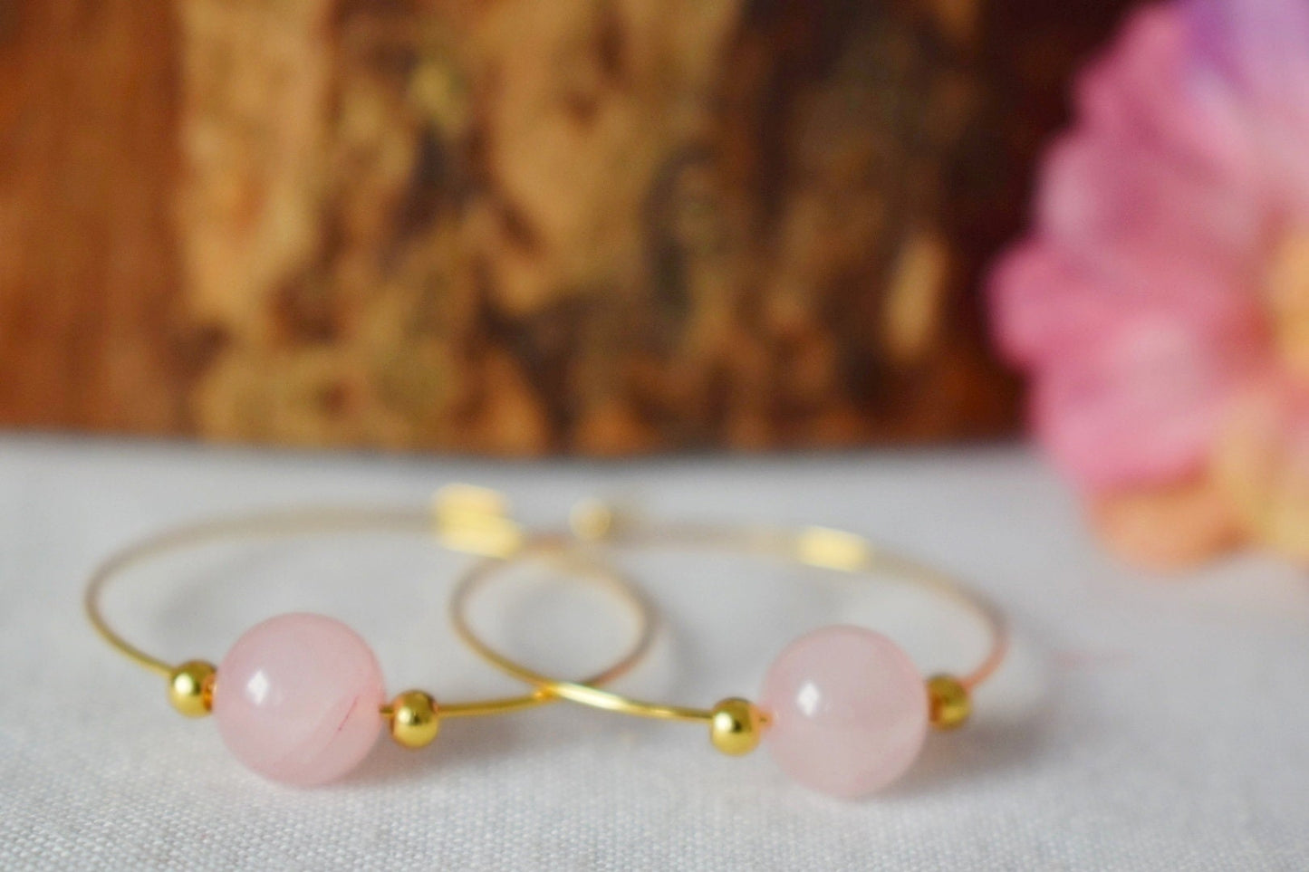 Rose quartz hoop earrings, 18k gold plated surgical stainless steel hoops, Gemstone beaded jewelry, Gift for her, Best valentine's day gift