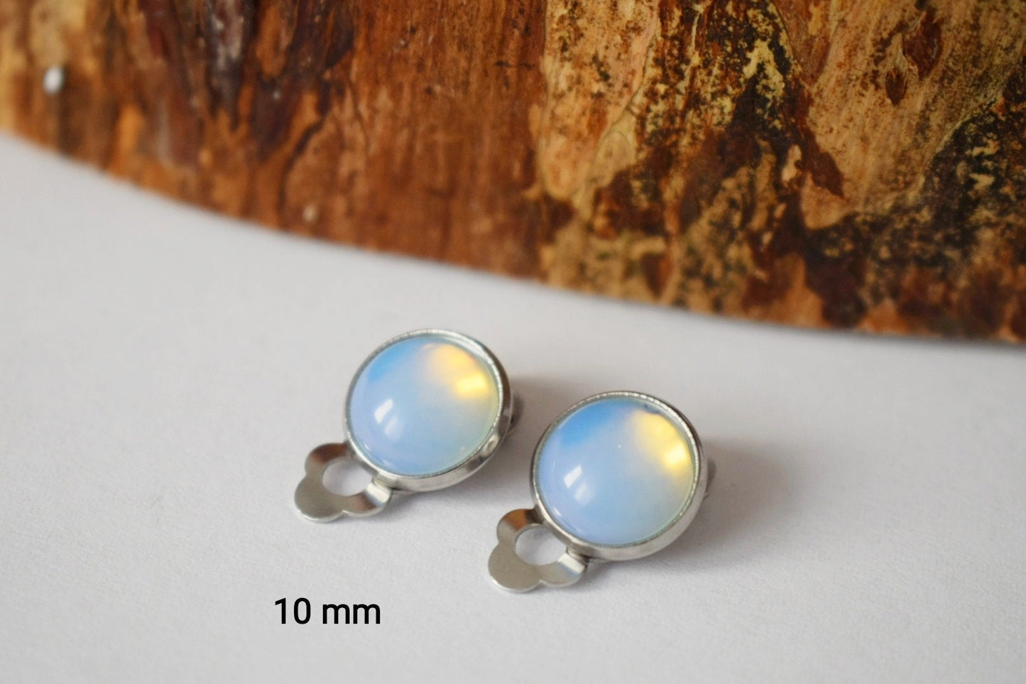 Ear clips, Moonstone earrings, Opalite, Woman clip on earrings, Gemstone clips, Girl, Stainless steel clip on earring, Bridesmaid, Gift