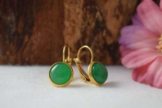 Small Green Jade Earrings Gold, 8 mm Earrings, Small Gemstone Earrings, Gifts For Women, Jade Jewelry, Wedding Anniversary Gift For Her