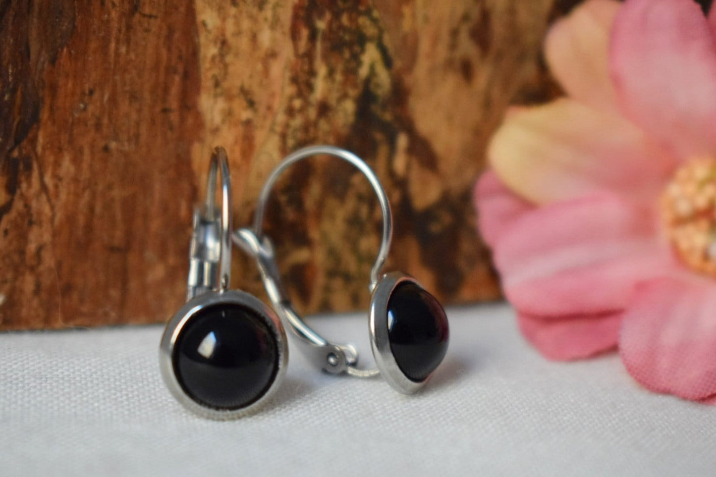 Black agate dangle earrings for women, Small gemstone earrings, Earrings 8mm, Lever back, Agate jewelry, Handmade jewelry gift for her