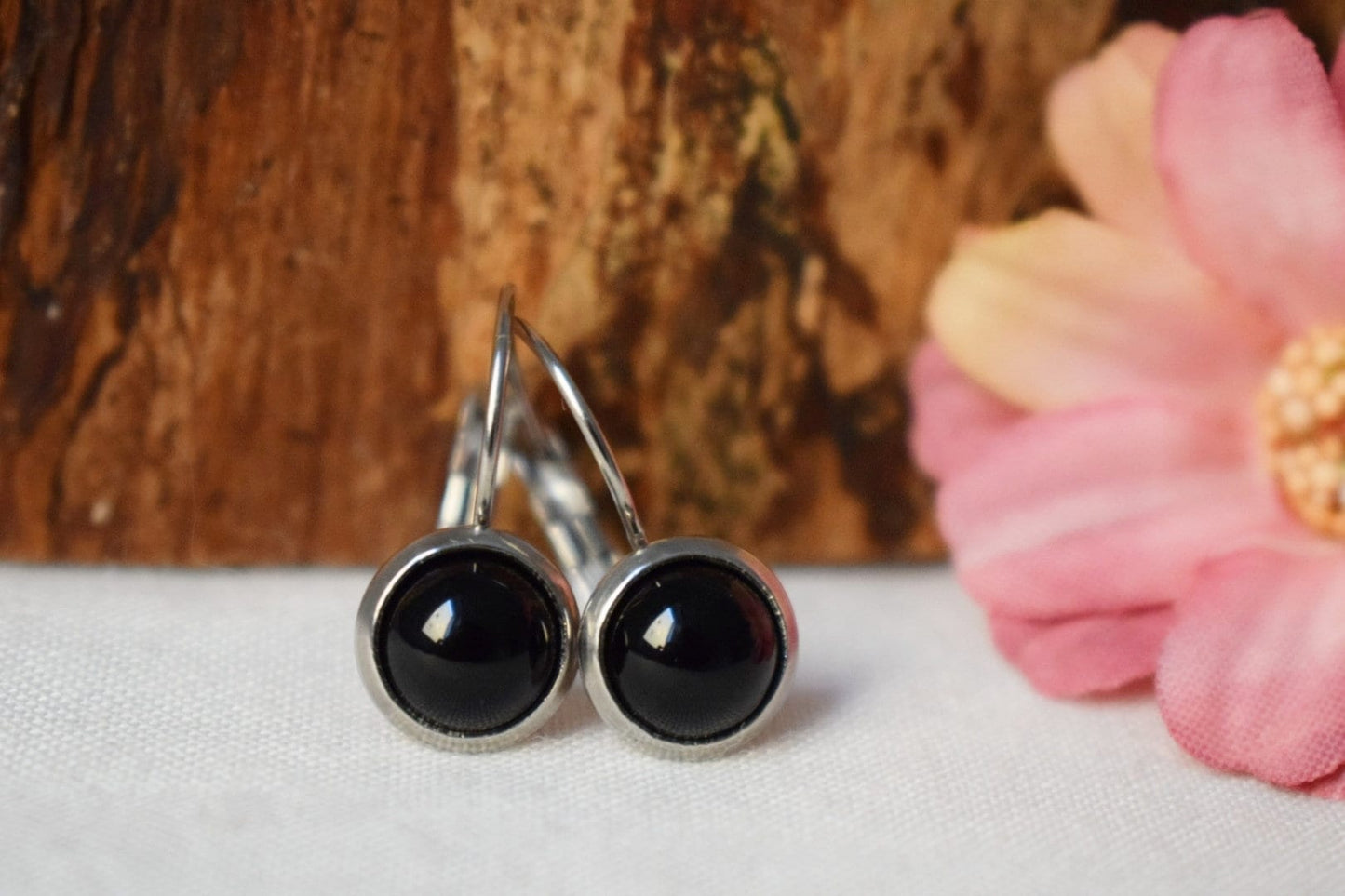 Black agate dangle earrings for women, Small gemstone earrings, Earrings 8mm, Lever back, Agate jewelry, Handmade jewelry gift for her