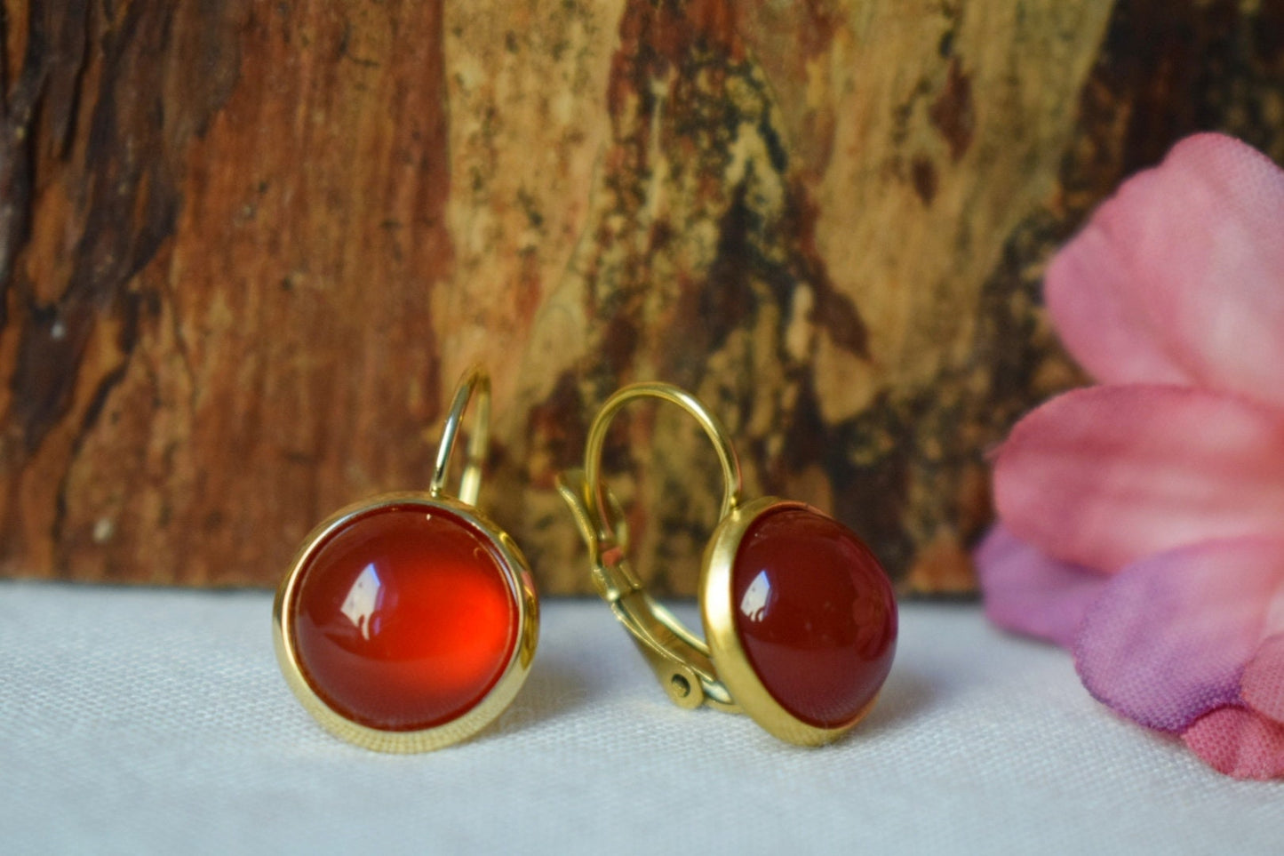 Carnelian earrings, Gemstone dangle earrings, Red orange natural stone, Handmade 18k gold plated jewelry, Valentine's day gift for her