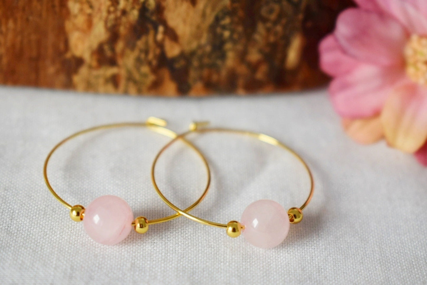 Rose quartz hoop earrings, 18k gold plated surgical stainless steel hoops, Gemstone beaded jewelry, Gift for her, Best valentine's day gift