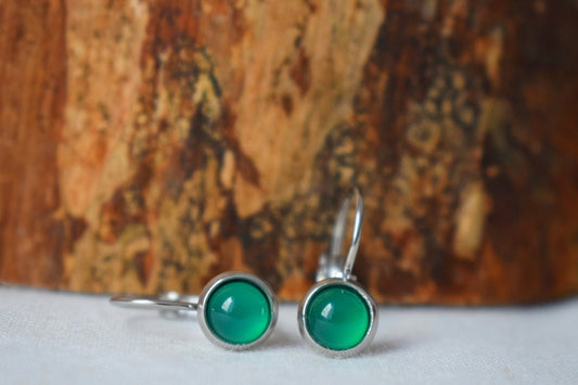 Green agate earrings stainless steel leverback dangle 6mm round gemstone handmade unisex jewelry giftBest christmas gift