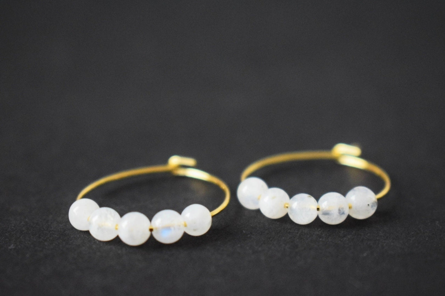 Moonstone hoop earrings with 20mm 18k surgical steel gold hoops, Minimalist, Moonstone gold earrings, Anniversary birthday gift for her
