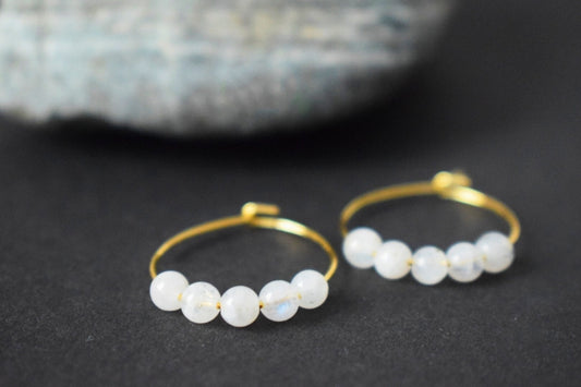 Moonstone hoop earrings with 20mm 18k surgical steel gold hoops, Minimalist, Moonstone gold earrings, Anniversary birthday gift for her